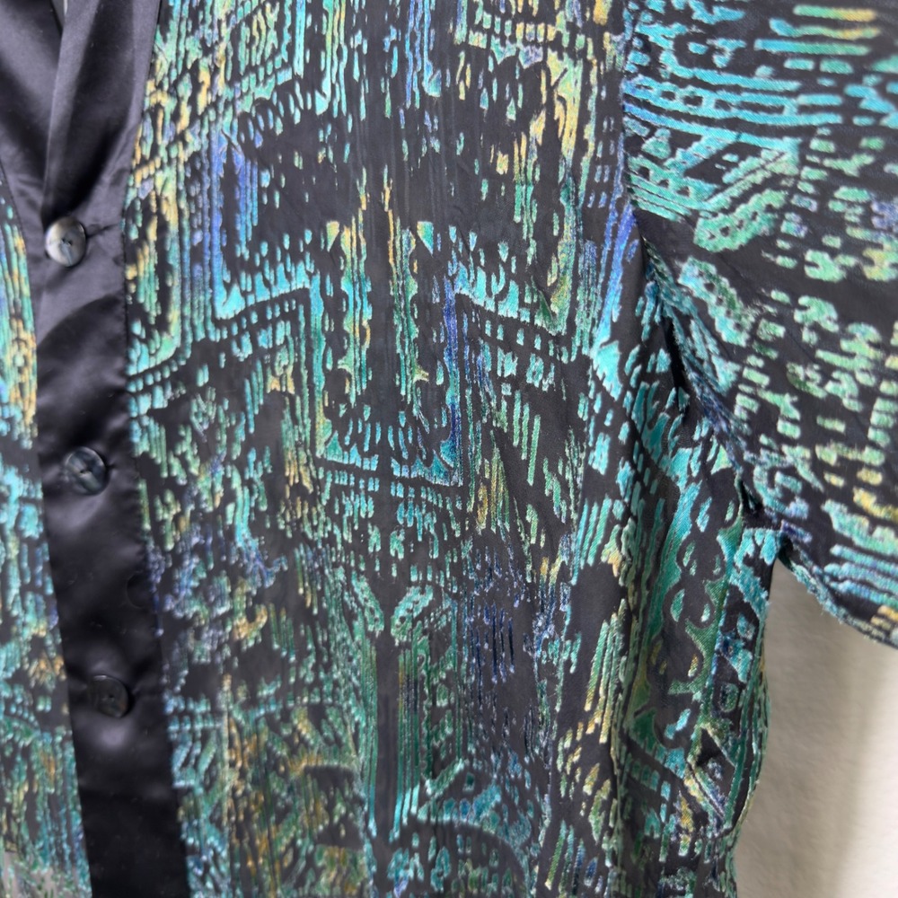 Chicos Women SILK Cardigan Top XL Black Teal Abstract Sheer Burnout Kimono Top - Picture 4 of 6